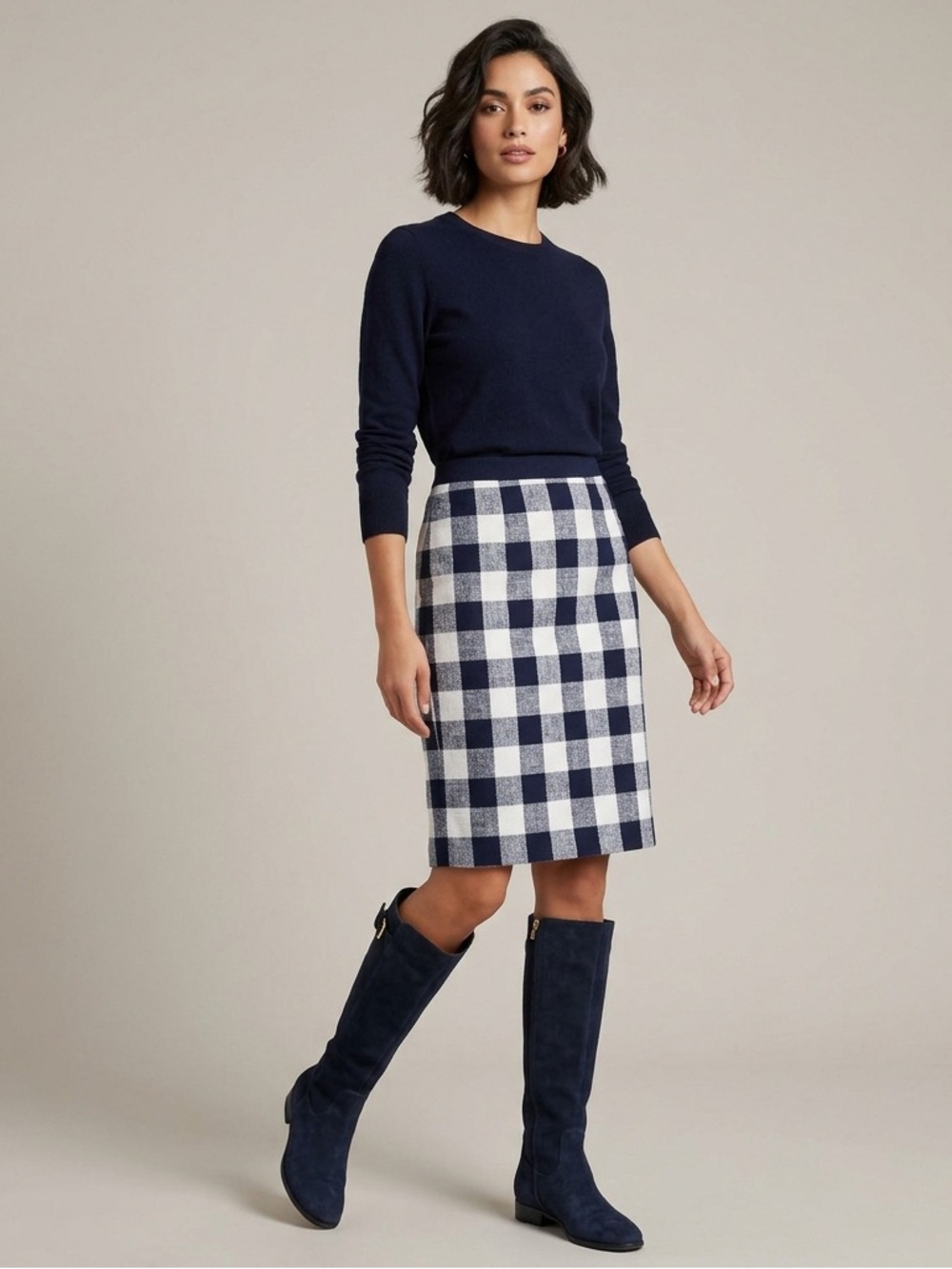 J Crew navy & cream pencil skirt with grosgrain ribbon waist 6